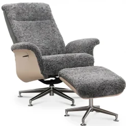 Fårskinnsfåtölj med fotpall grå/whitewash - Ulla + Fläckborttagare för möbler