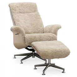 Fårskinnsfåtölj med fotpall beige / whitewash - Ulla + Fläckborttagare för möbler