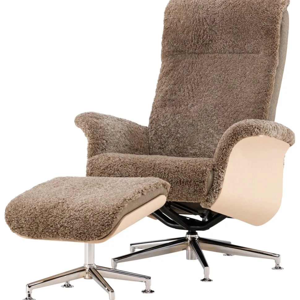 Fårskinnsfåtölj med fotpall - Brun / ek - Ulla