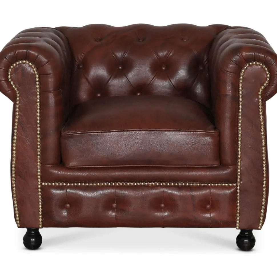 Fåtölj chesterfield i brunt antikbehandlat läder + Fläckborttagare för möbler