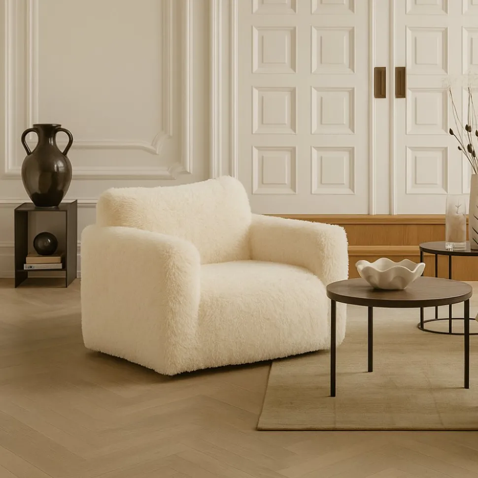 Fåtölj fluffig beige tygklädsel