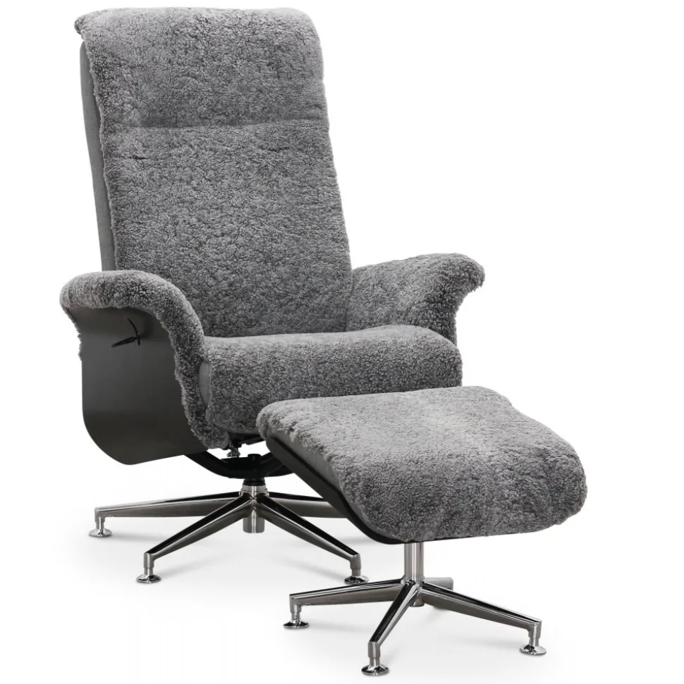 Fåtölj i fårskinn med fotpall - Grå/svart - Ulla + Fläckborttagare för möbler