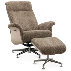 Fåtölj i fårskinn med fotpall - Ek/mörkbeige fårskinn - Ulla + Fläckborttagare för möbler