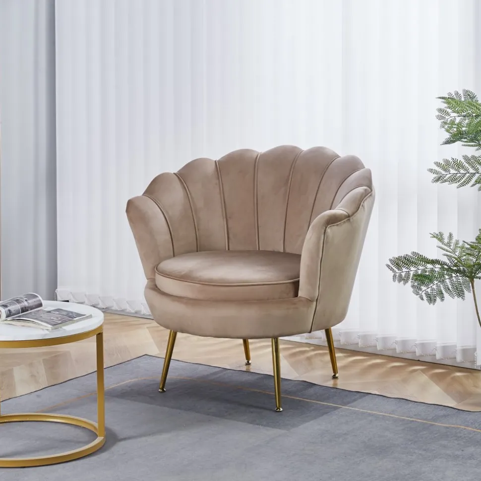 Fåtölj i mörk beige sammet/mässing - Kingsley + Möbeltassar