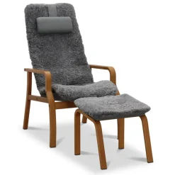 Fåtölj med fotpall fårskinn ek/grå - Frank