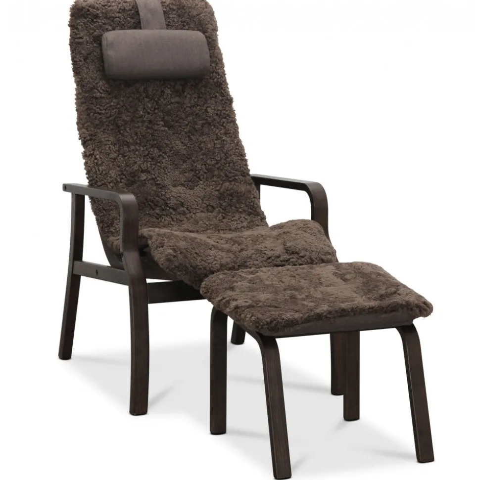 Fåtölj med fotpall fårskinn brun/ek - Frank