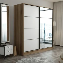 Garderob med spegeldörr, 220x52x210 cm - Brun/vit