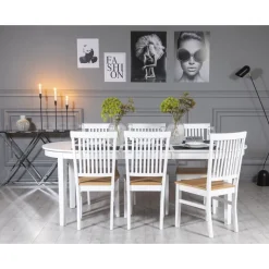 Gåsö matgrupp: Bord 160/210 cm inklusive 6 Fårö stolar - Vit/Ek + 4.00 x Möbeltassar