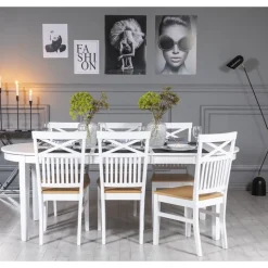 Gåsö matgrupp: Bord 160/210 cm inklusive 6 Fårö stolar med kryss - Vit/Ek + 4.00 x Möbeltassar