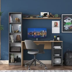 Hanna skrivbord med hyllsystem 16, 160 x 45 cm - Valnöt/antracit