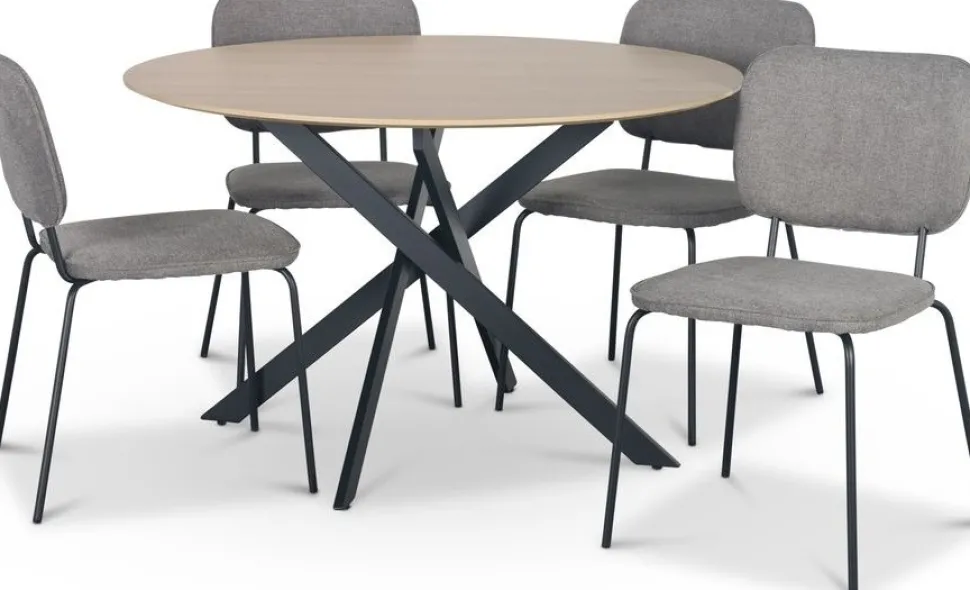 Hogrän matgrupp Ø120 cm bord i ljust trä + 4 st Lokrume grå stolar