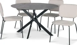 Hogrän matgrupp Ø120 cm bord i betongimitation + 4 st Lokrume beige stolar + 3.00 x Möbeltassar