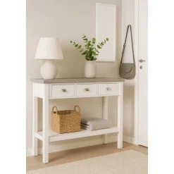 Hugo avlastningsbord med 3 lådor 110x36 cm - Vit / Cement + Möbeltassar