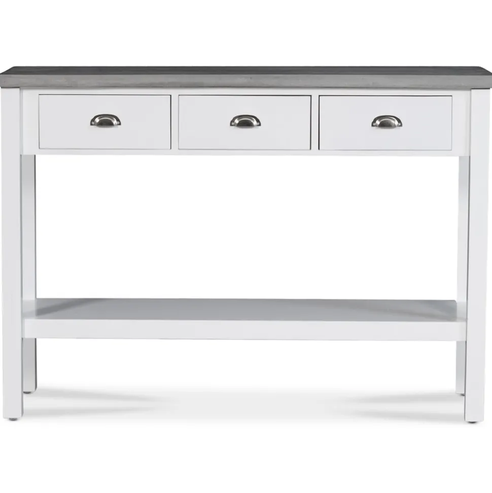 Hugo avlastningsbord med 3 lådor 110x36 cm - Vit / Cement + Fläckborttagare för möbler