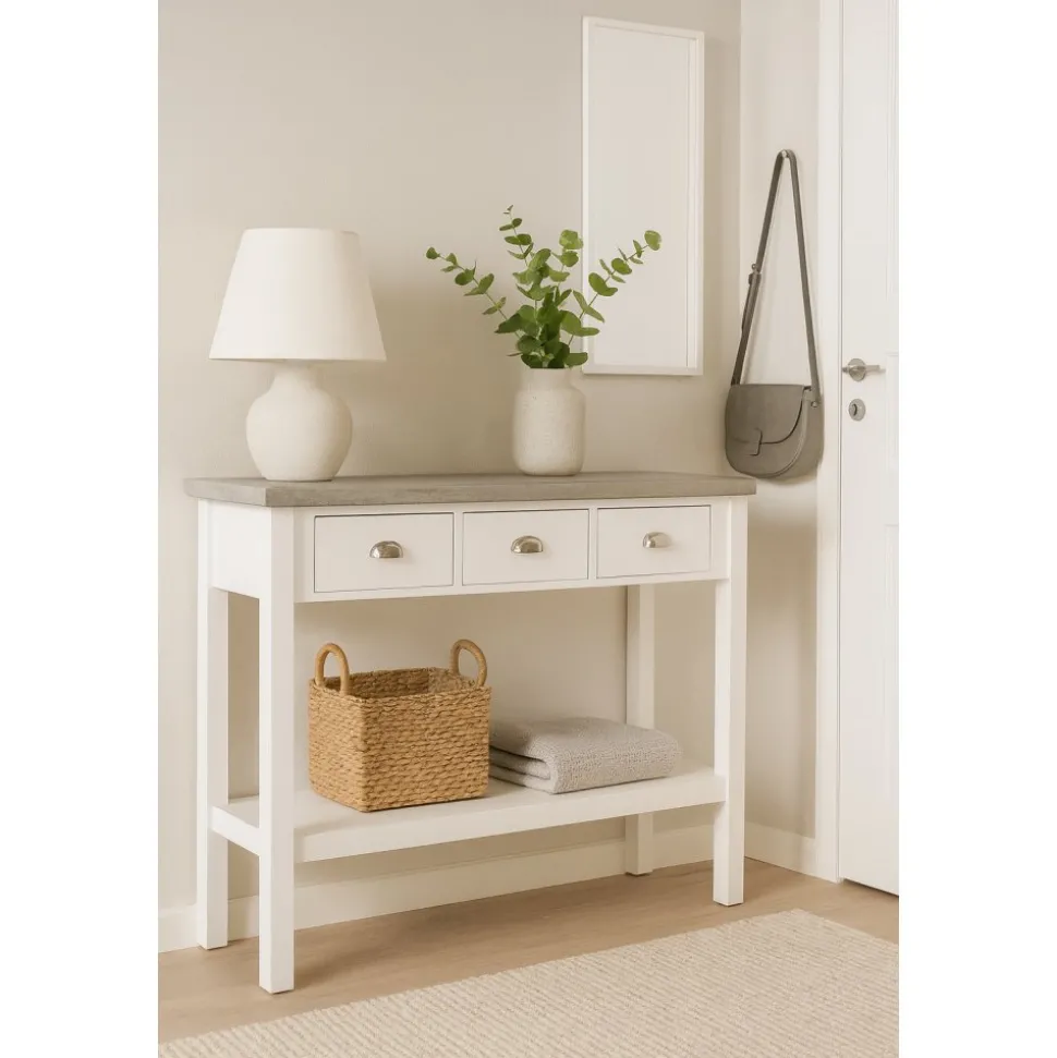 Hugo avlastningsbord med 3 lådor 110x36 cm - Vit / Cement + Fläckborttagare för möbler