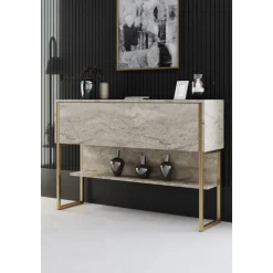 Lux avlastningsbord 120 x 30 cm - Travertin/guld