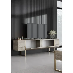 Lux TV-bänk - Travertin/guld