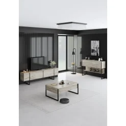 Lux TV-bänk - Travertin/svart