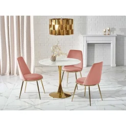 Matbord 90 cm diameter marmorerat glas/guld