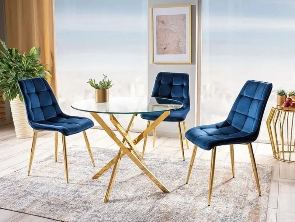 Matbord med glasskiva Ø90 cm guldiga bordsben + Möbeltassar