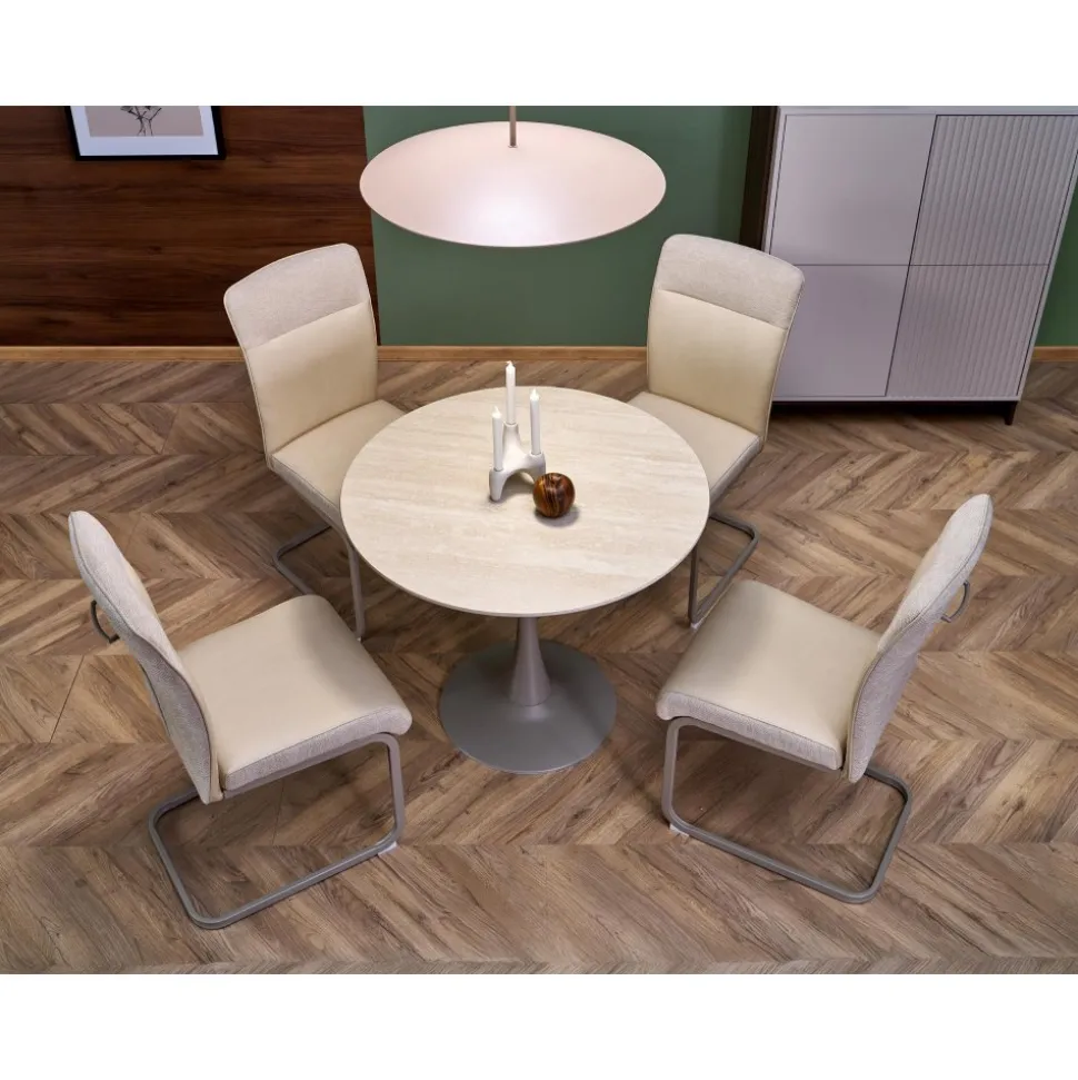 Matbord runt 90 cm beige travertin