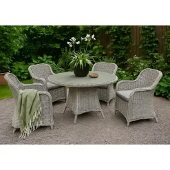 Matgrupp; 4 stolar och matbord Ø110 cm grå/rotting