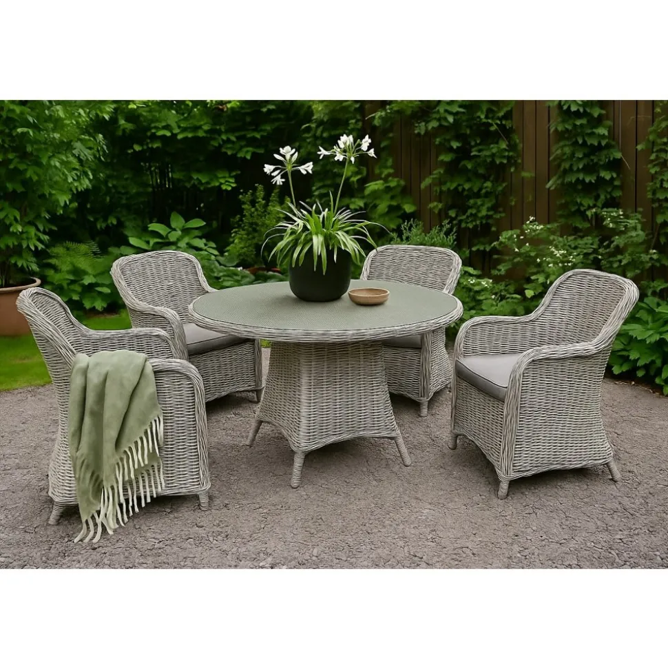 Matgrupp; 4 stolar och matbord Ø110 cm grå/rotting