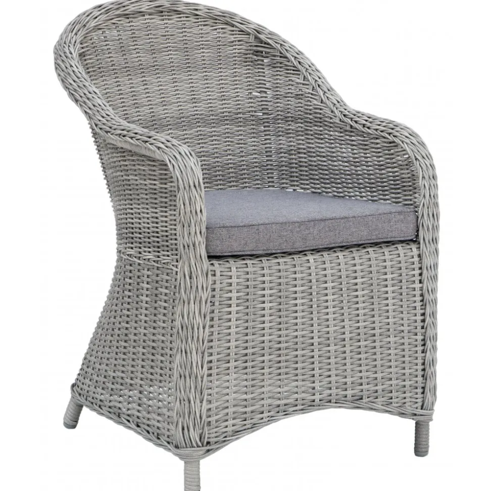 Matgrupp; 4 stolar och matbord Ø110 cm grå/rotting