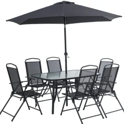 Matgrupp; bord med 6 st positionsstolar och parasoll + Textilskydd för utemöbler