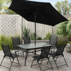 Matgrupp; bord med 6 st positionsstolar och parasoll + Textilskydd för utemöbler