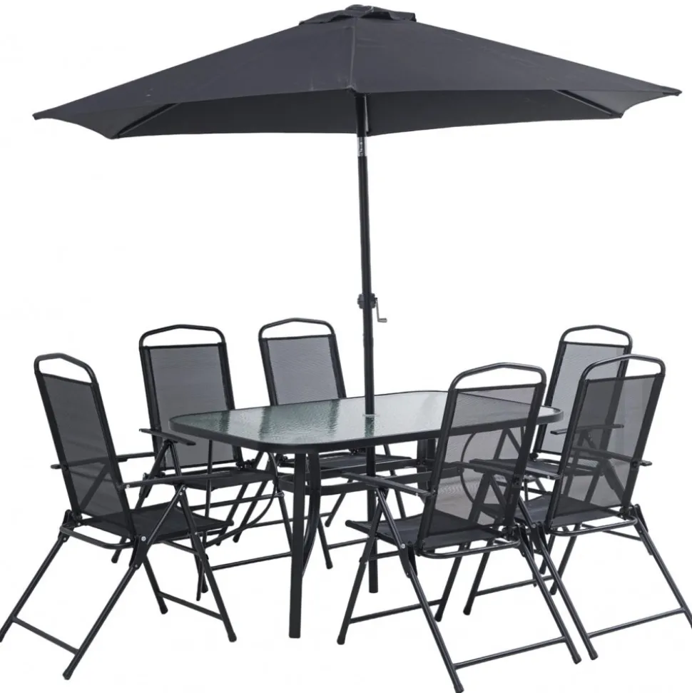 Matgrupp; bord med 6 st positionsstolar och parasoll