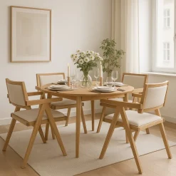 Matgrupp Genova Ø110160 cm i oljad ek med 4 st Sara karmstolar i ek och linne