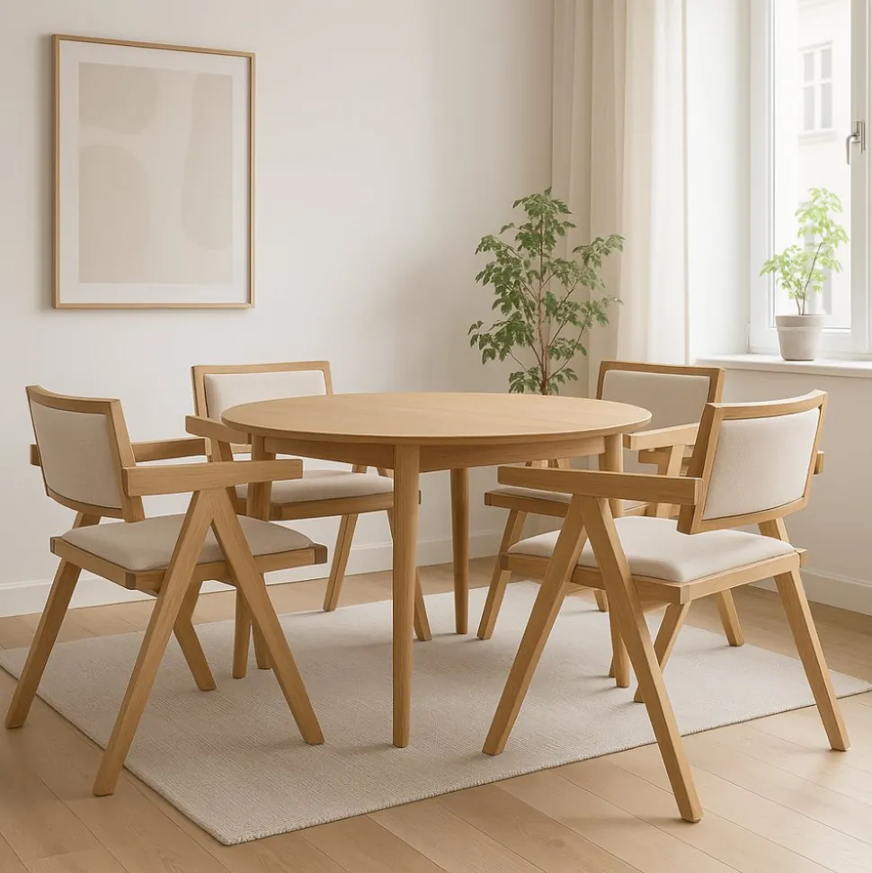 Matgrupp Genova Ø110160 cm i oljad ek med 4 st Sara karmstolar i ek och linne