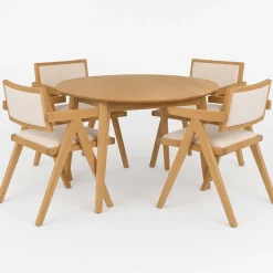 Matgrupp Genova Ø110160 cm i oljad ek med 4 st Sara karmstolar i ek och linne