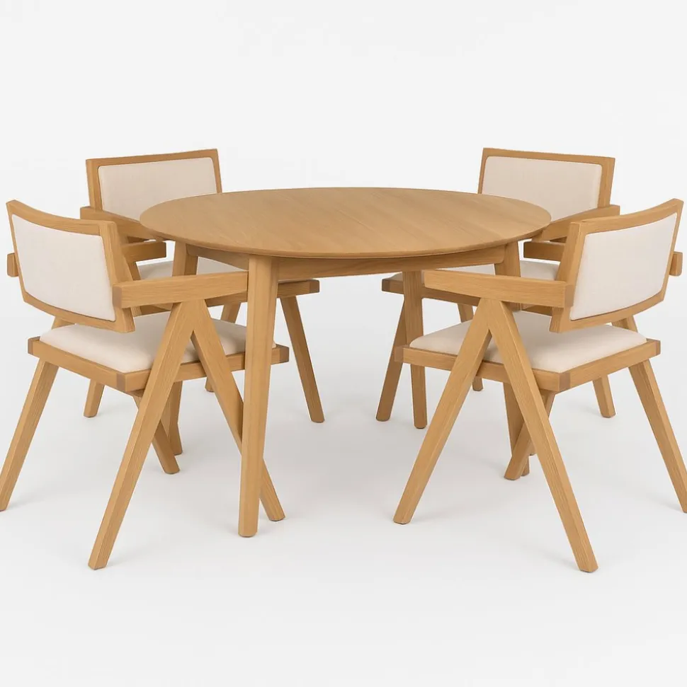 Matgrupp Genova Ø110160 cm i oljad ek med 4 st Sara karmstolar i ek och linne