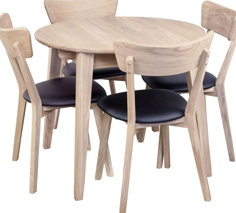 Matgrupp Genova matbord 90-130 cm inkl 4 st Amino stolar - Vitpigmenterad/svart ecoläder + 3.00 x Möbeltassar