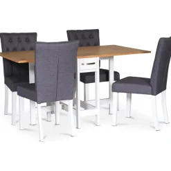 Matgrupp; Klaffbord ek / Vit med 4 stycken klädda stolar - Fårö + 3.00 x Möbeltassar