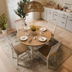 Matgrupp: Läckö matbord, runt - vit / oljad ek + 4 st Selma stol - vit / oljad ek + 4.00 x Stolsdyna