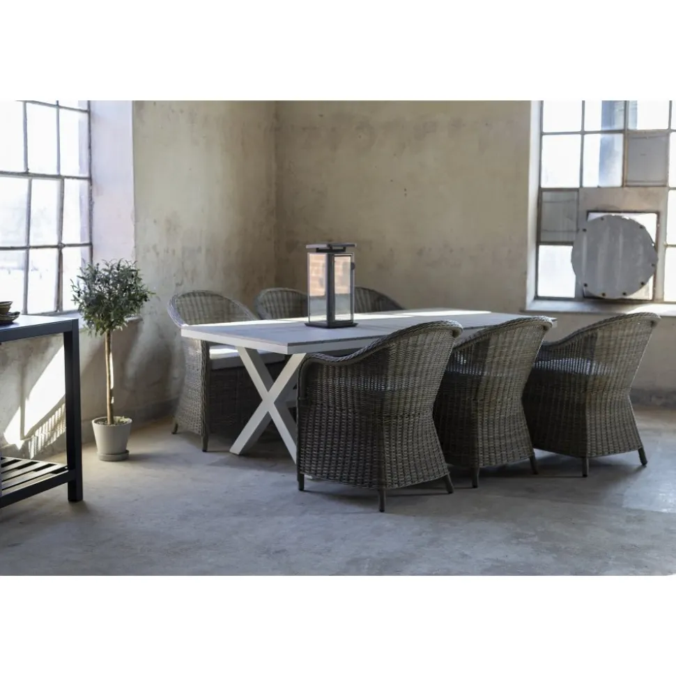 Matgrupp Mercury bord inkl 6 st fåtöljer - Konstrotting/Vit aluminium + Textilrengöring för möbler