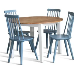 Matgrupp: Runt bord i Ek / Vit med 4 st duvblåa Pinnstolar + 4.00 x Stolsdyna