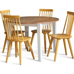 Matgrupp: Runt bord i Ek / Vit med 4 st gula Pinnstolar + 3.00 x Möbeltassar