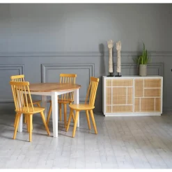 Matgrupp: Runt bord i Ek / Vit med 4 st gula Pinnstolar