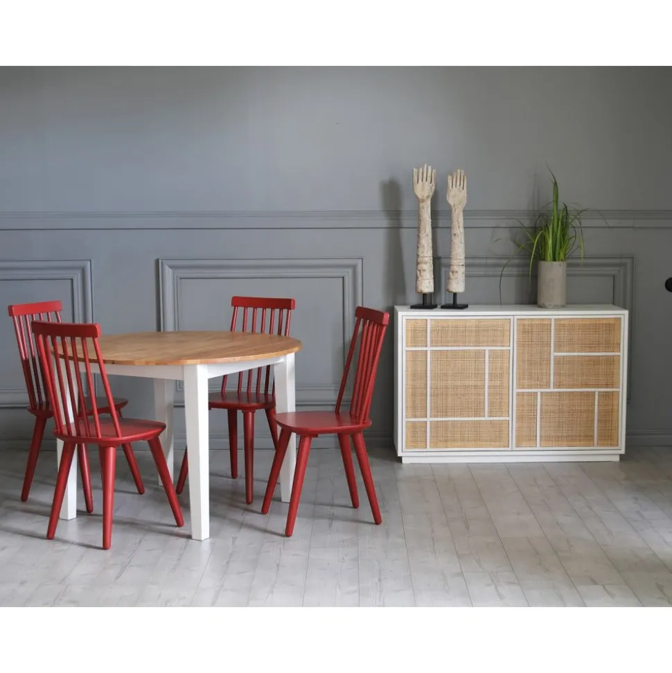 Matgrupp: Runt bord i Ek / Vit med 4 st röda Pinnstolar + 4.00 x Stolsdyna