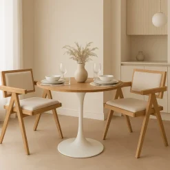 Matgrupp Sumner Ø80 cm ek/vit med 2 st Sara karmstolar i ek och linne