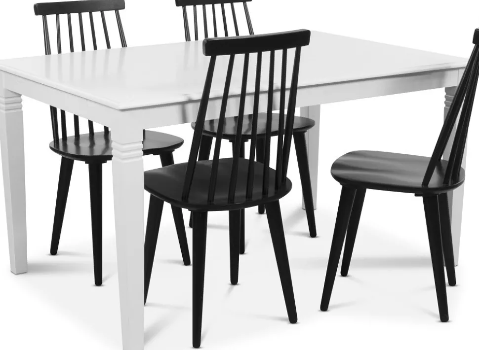 Mellby matgrupp 140 cm bord med 4 st svarta Dalsland pinnstolar - Vit / Svart + 3.00 x Möbeltassar