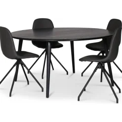 Omni matgrupp, runt matbord Ø130 cm inkl 4 st Bridge snurrbara svarta stolar - Svartbetsad ek + 3.00 x Möbeltassar