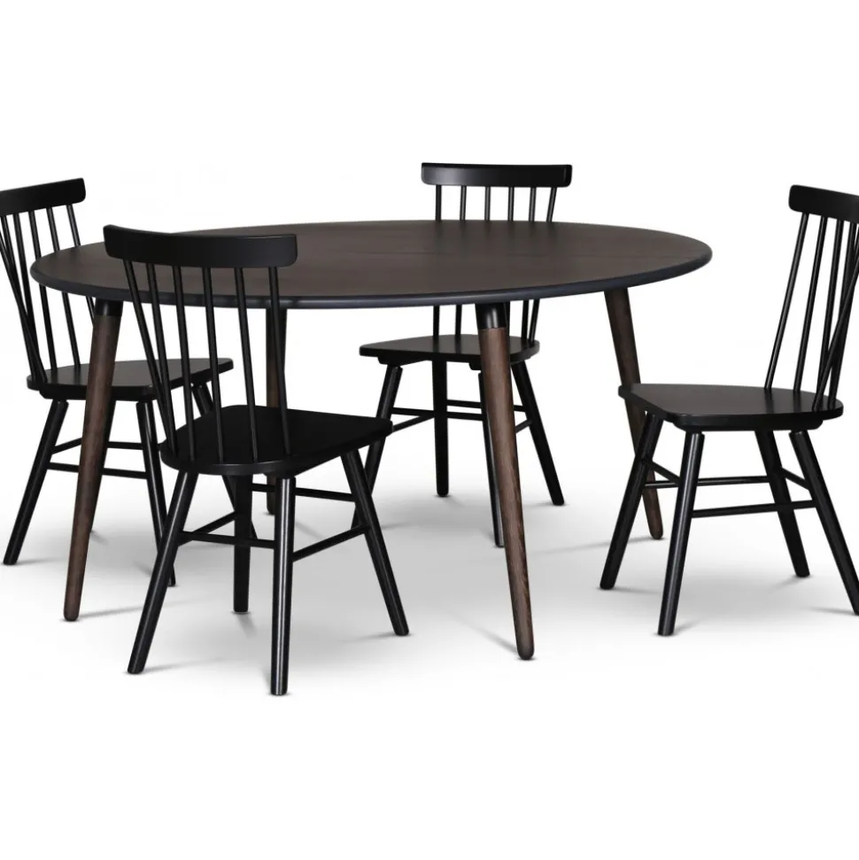 Omni matgrupp, runt matbord Ø130 cm inkl 4 st Orust svarta pinnstolar - Rökfärgad ek + 4.00 x Stolsdyna