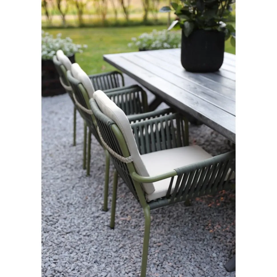 Oxford utematgrupp; bord 220x100 cm inkl 6 st Lincoln stapelbara karmstolar grön/beige