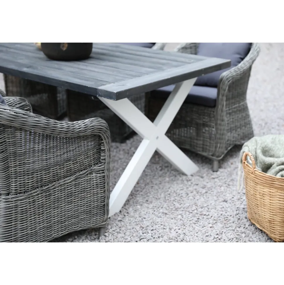 Oxford utematgrupp; grå/vit bord 220 cm inkl 6 st Mercury fåtöljer grå konstrotting