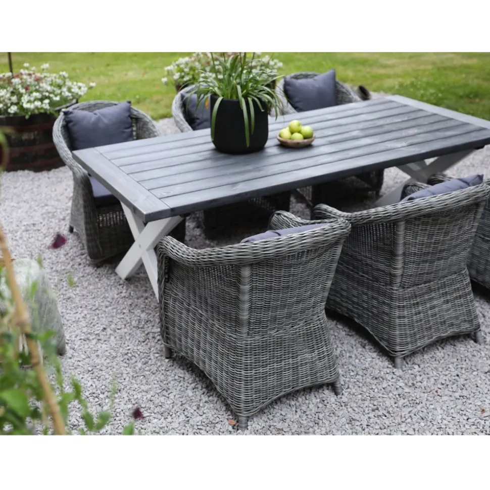 Oxford utematgrupp; grå/vit bord 220 cm inkl 6 st Mercury fåtöljer grå konstrotting